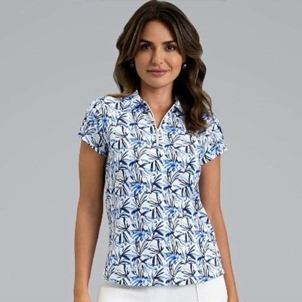 NWOT IBKÜL Womens Golf Norma Tulip Sleeve Top Size S Peri Blue Floral Athleisure